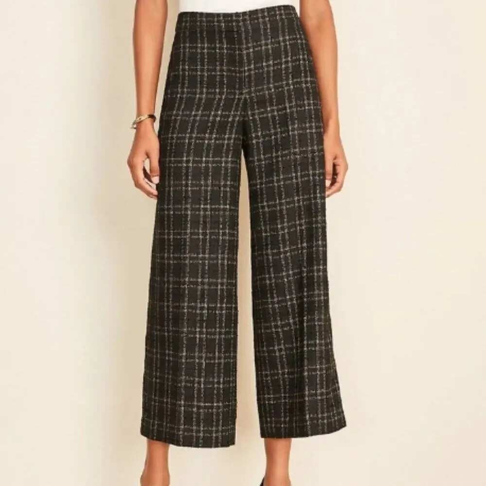 Ann Taylor The Marina Black Gold Plaid Twill High Waist Wide Leg Pant Size 10